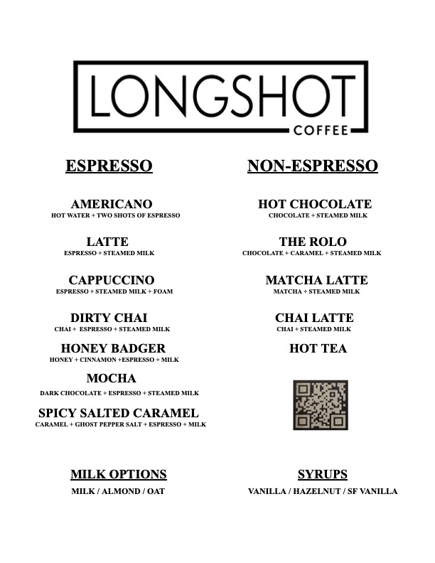Longshot Coffee Menu for mobile espresso catering events
